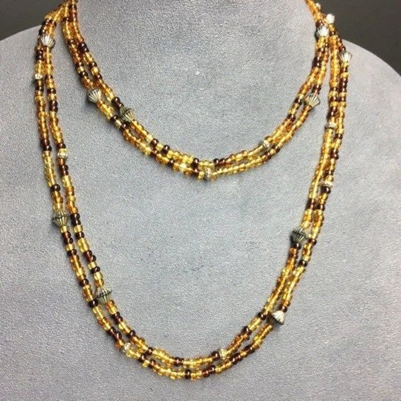 Long Double Strand Necklace Amber Brown Beads Fluted Silver Retro Boho Hippie - Picture 1 of 6